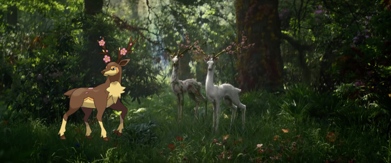 From left to right: An example of the Pokémon Sawsbuck in its Spring Form and two Shimmered deer-like creatures with flowers growing from their antlers.